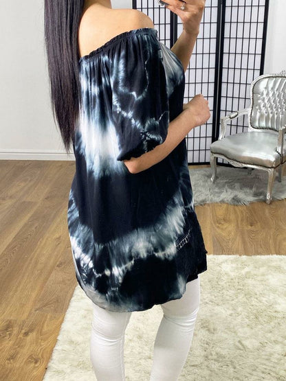 Orlana Tie Dye Crochet Detailed Black Bardot Top