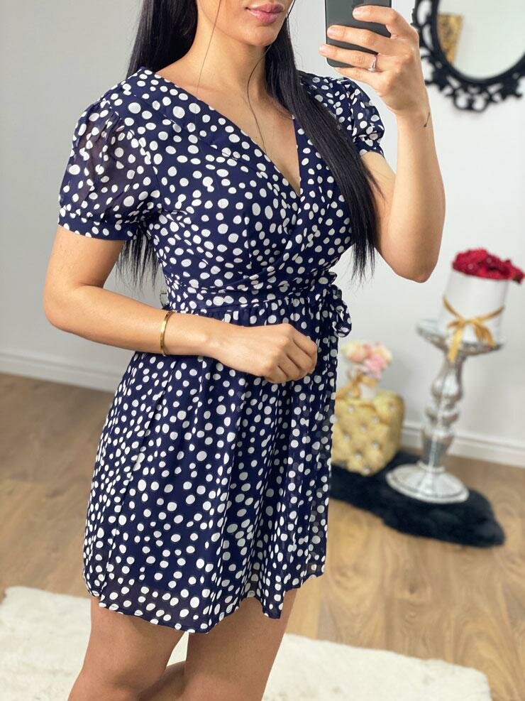 Orlene Navy Polka Dot Puff Sleeve Mini Dress
