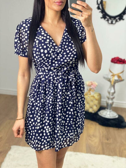 Orlene Navy Polka Dot Puff Sleeve Mini Dress