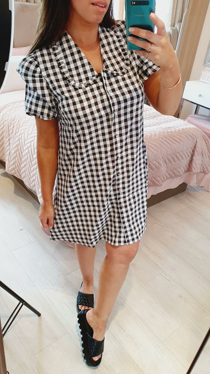 Pansy Checked Black And White Frill Shirt Dress