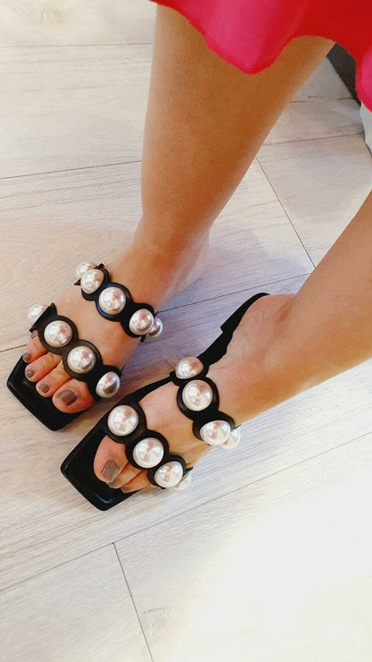 Yulando Chunky Pearl Faux Leather Sandals