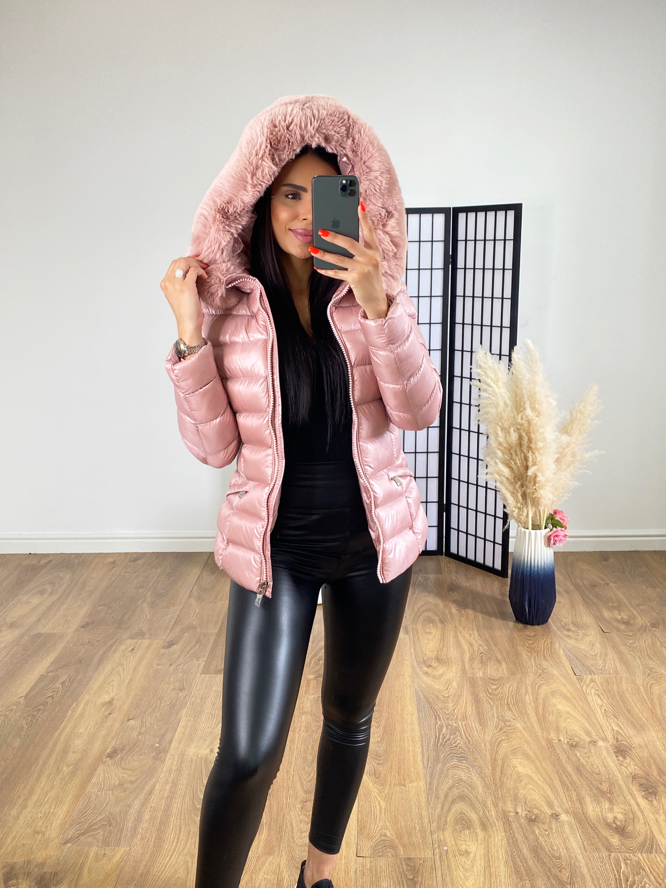 Pentala Pink Faux Fur Hooded Wet Look Puffer Jacket BowsBoutiques