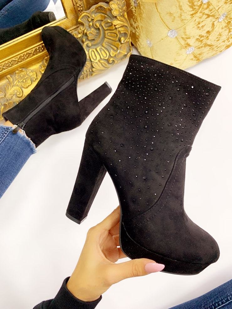 Pheonix Black Diamante Faux Suede Heel Ankle Boots