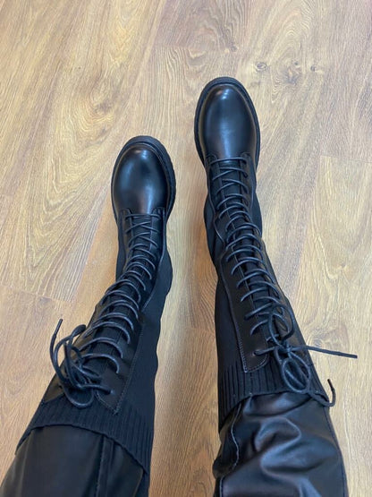Yazmin Black Faux Leather Lace Up Midi Sock Boots