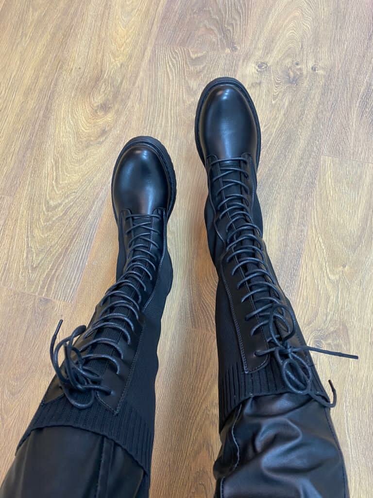 Yazmin Black Faux Leather Lace Up Midi Sock Boots