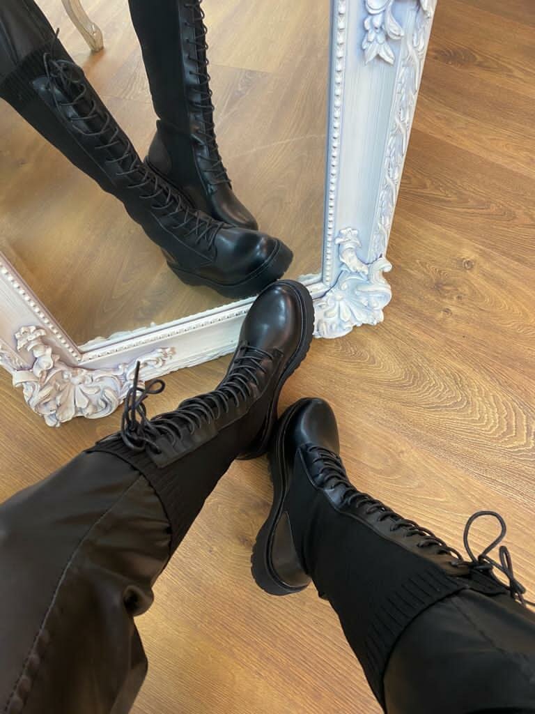 Yazmin Black Faux Leather Lace Up Midi Sock Boots