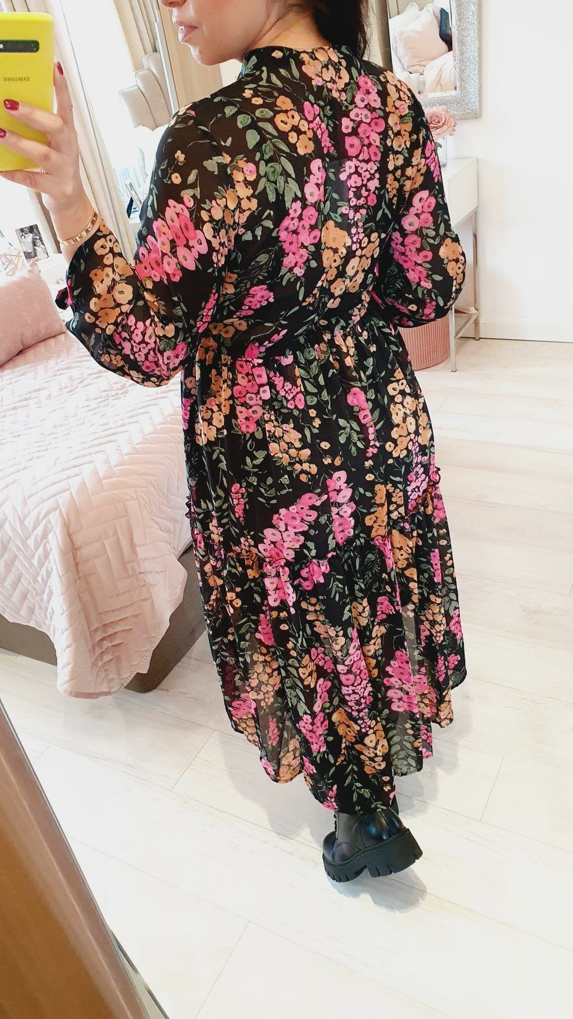 Deliya Black Floral Printed Floaty Swing Dress