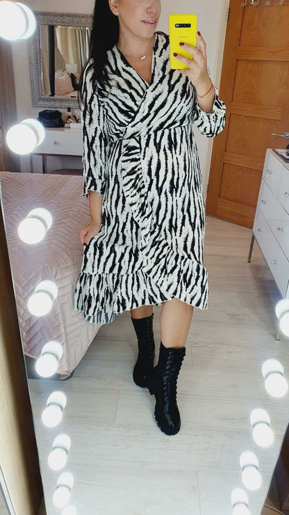 Tabby Black And Cream Ruffle Wrap Dress