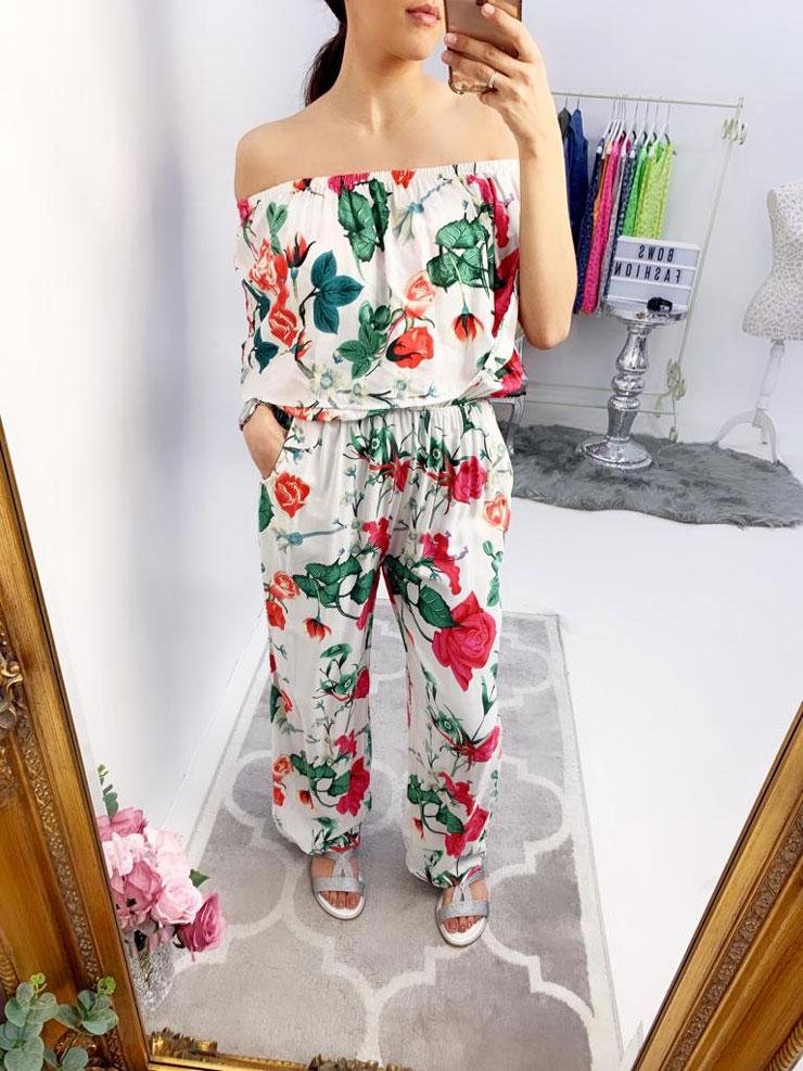 Pumpkin Floral Print Bardot Jumpsuit