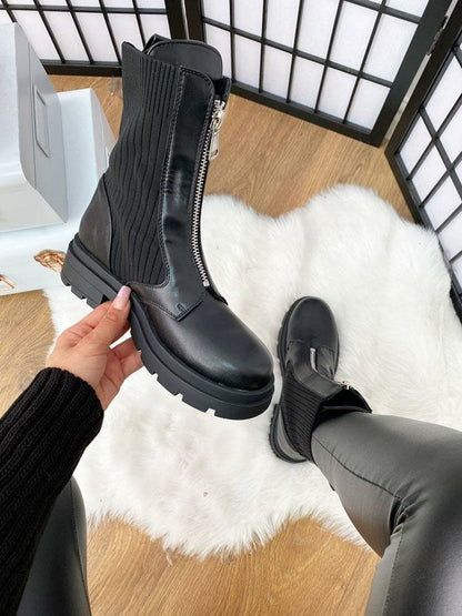 Purla Black Ribbed Sock Detailed Zip Front Faux Leather Biker Boots