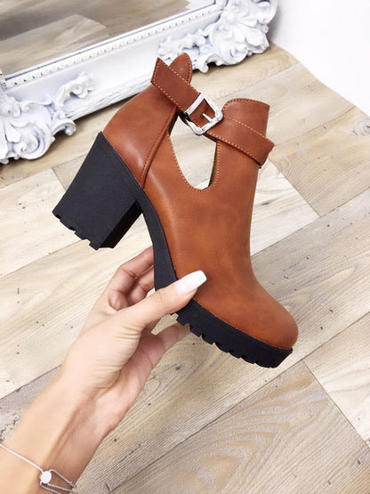 Raquel Faux Leather Cut Out Chunky Boots