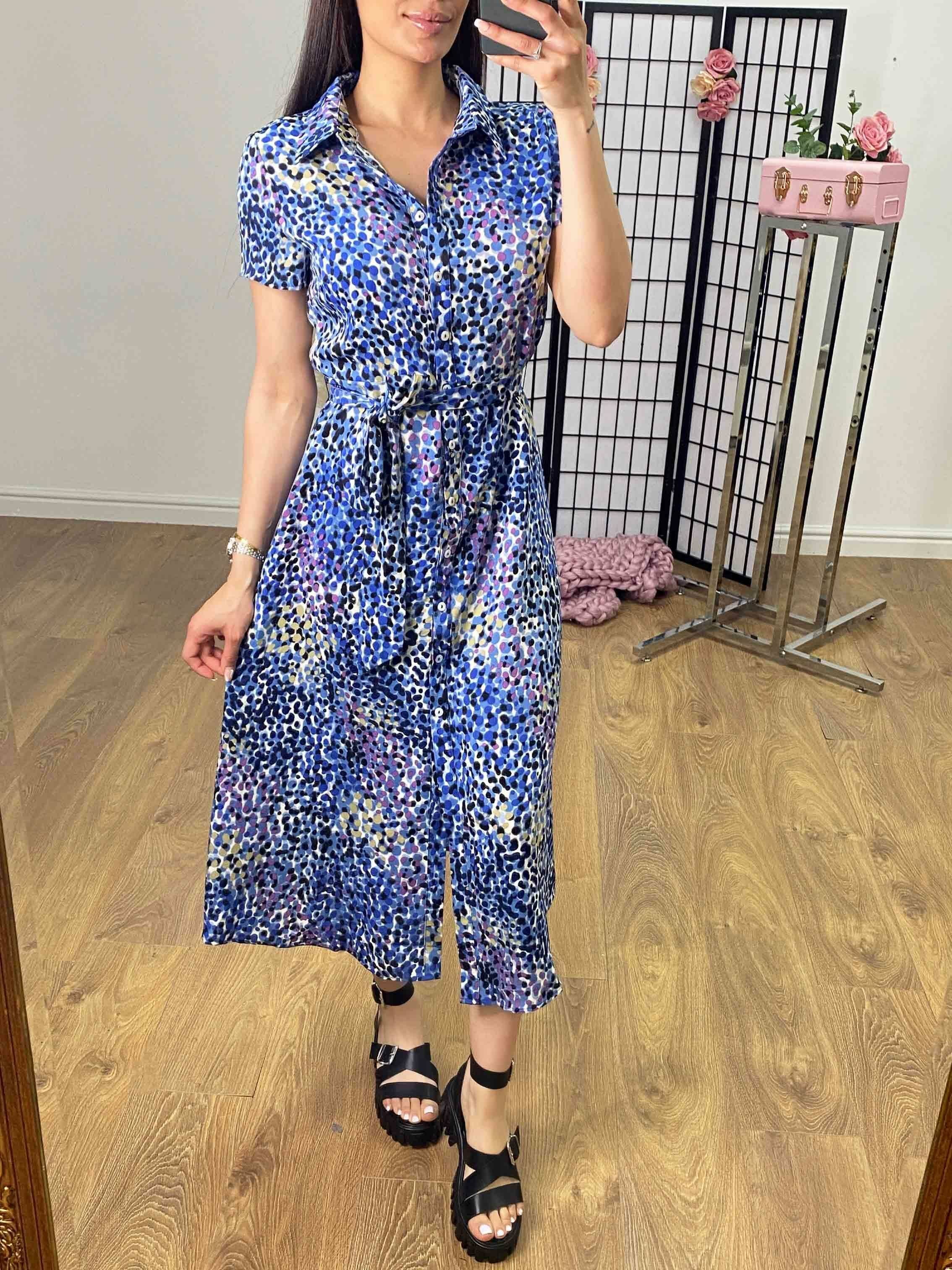 Ravian Multi Blue Graphic Print Midi Shirt Dress