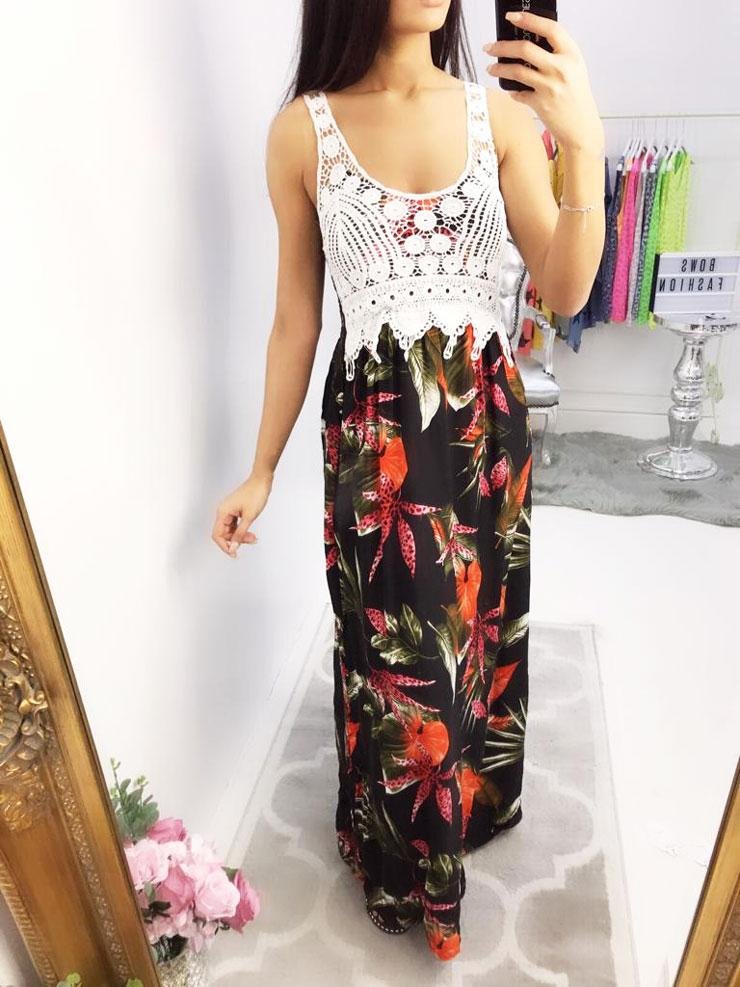 Reagan Floral Leaf Printed Crochet Maxi Dress