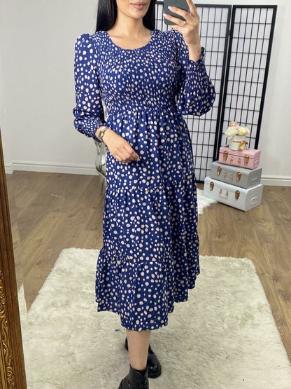 Renace Blue Polka Dot Elasticated Tiered Midi Dress