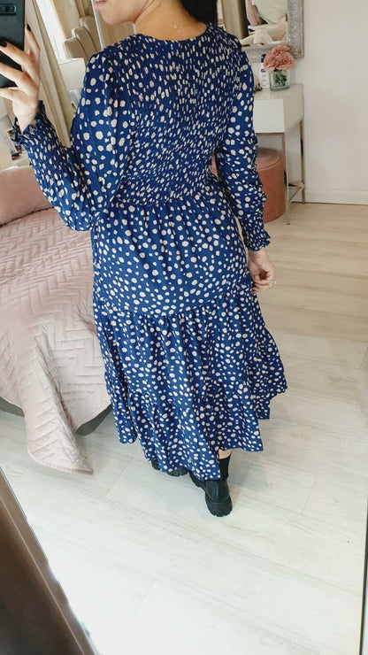 Renace Blue Polka Dot Elasticated Tiered Midi Dress