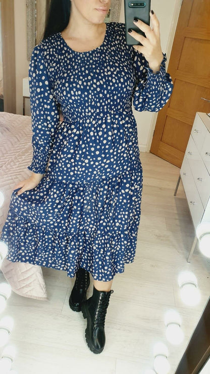 Renace Blue Polka Dot Elasticated Tiered Midi Dress