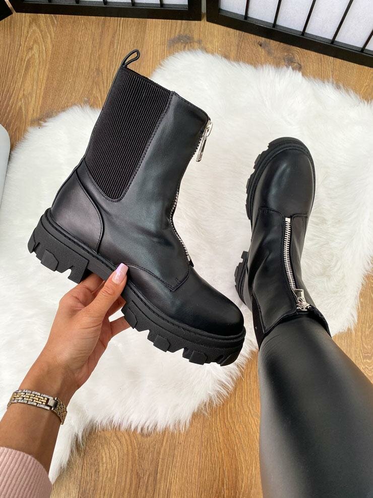 Renzo Black Faux Leather Elasticated Ribbed Zip Biker Boots