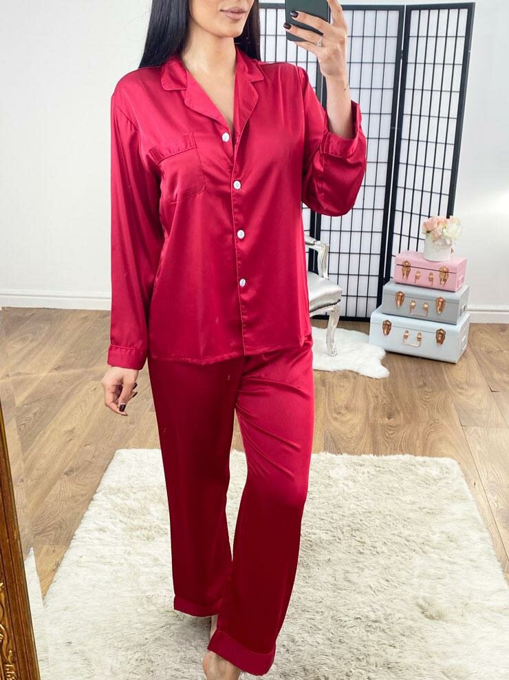 Rhianna Satin Long Sleeve Piped Trim Pyjama Set