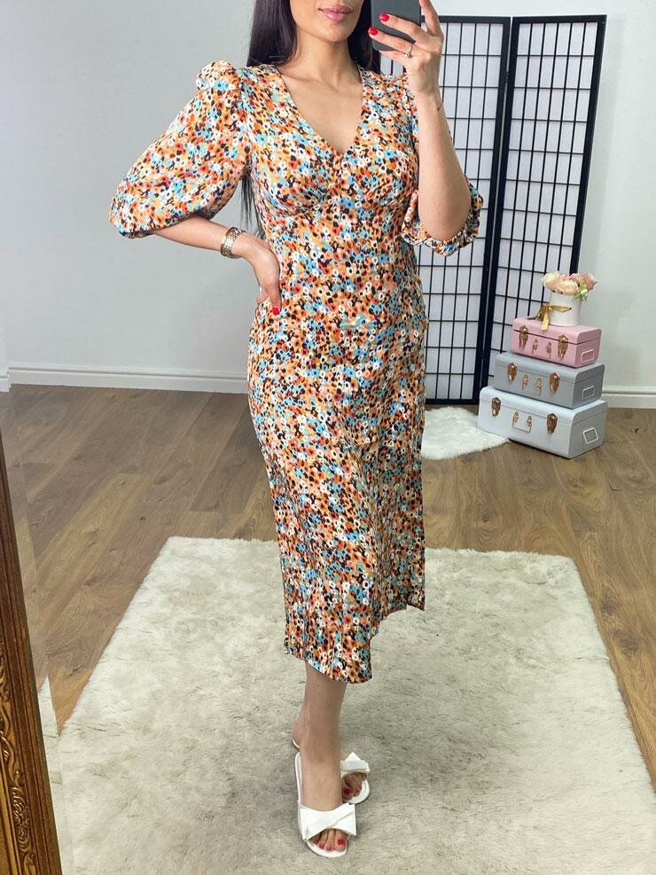 Rosie Tan Multi Colour Floral Print V Neck Midi Dress