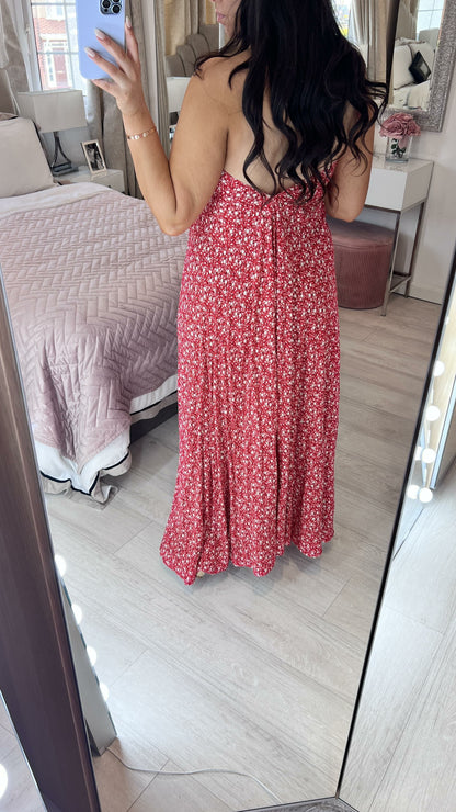 Roxanne Deep V Back Ditsy Floral Print Maxi Dress