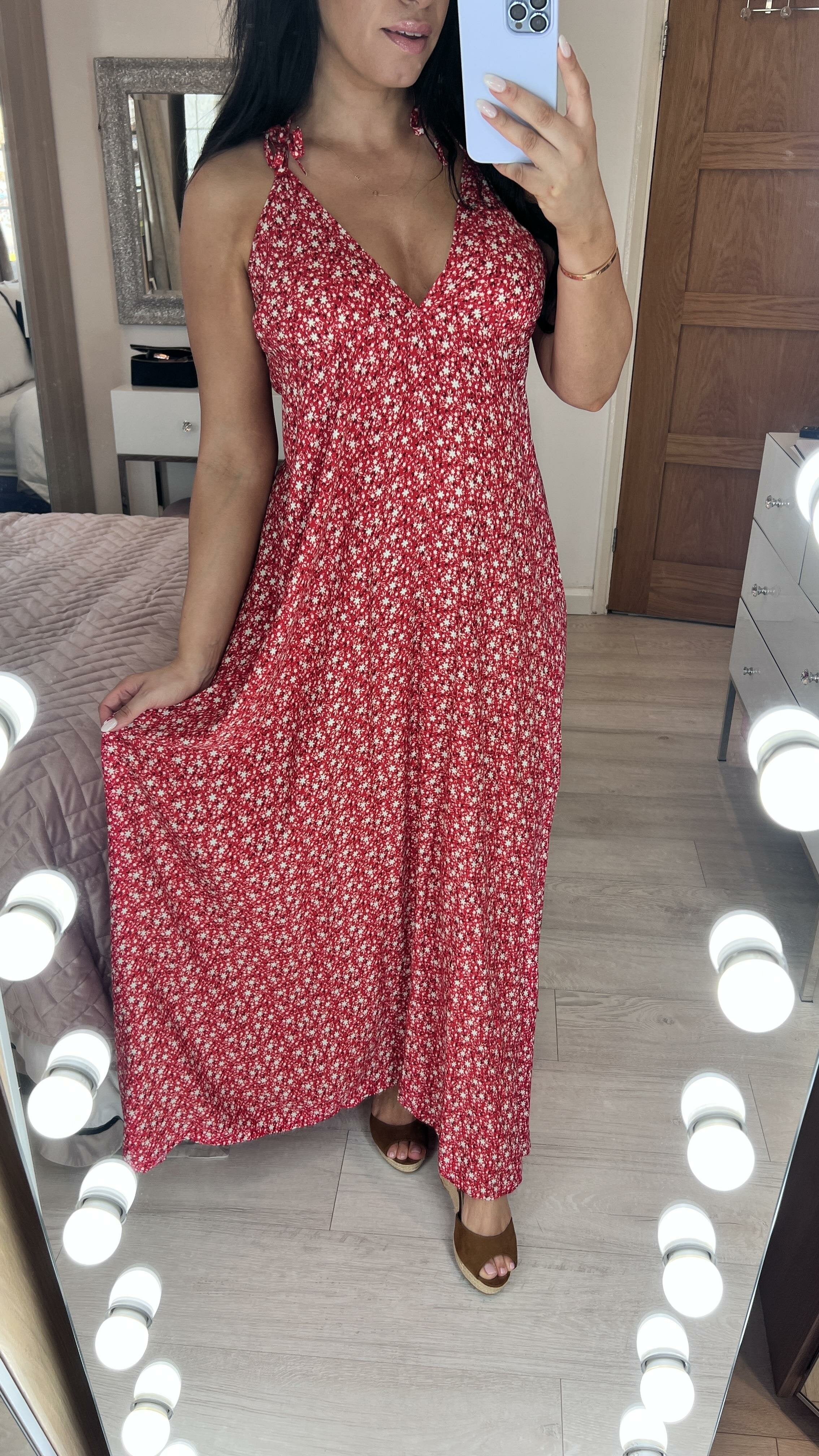 Roxanne Deep V Back Ditsy Floral Print Maxi Dress