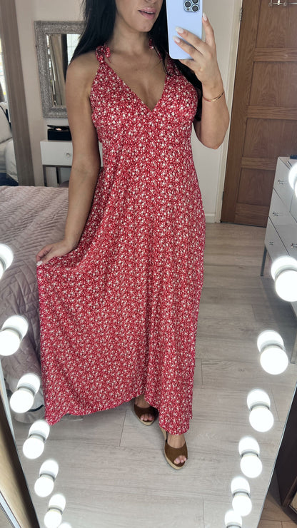 Roxanne Deep V Back Ditsy Floral Print Maxi Dress