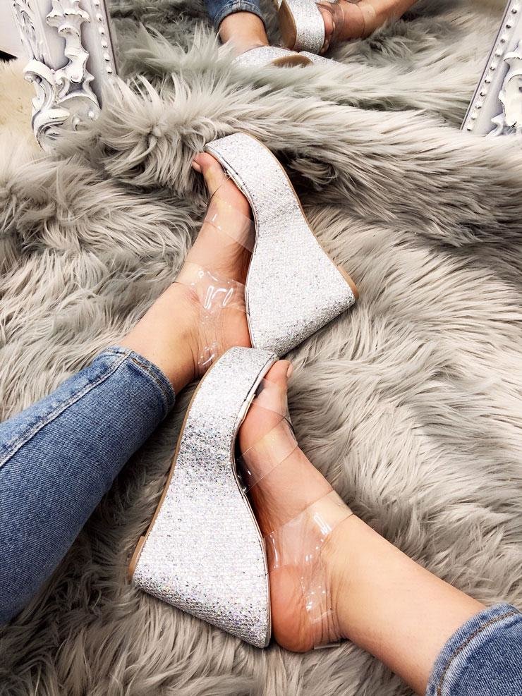 Roxy Clear Strap Silver Glitter Block Wedges