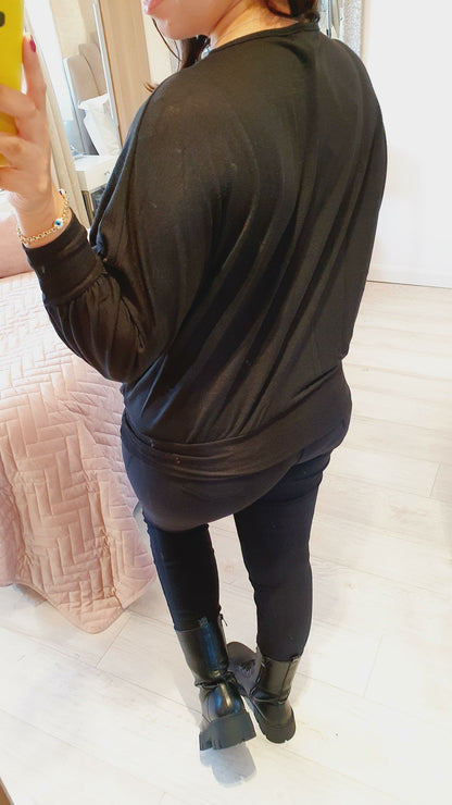 Sadona Animal Print Diamante Heart Detailed Black Top