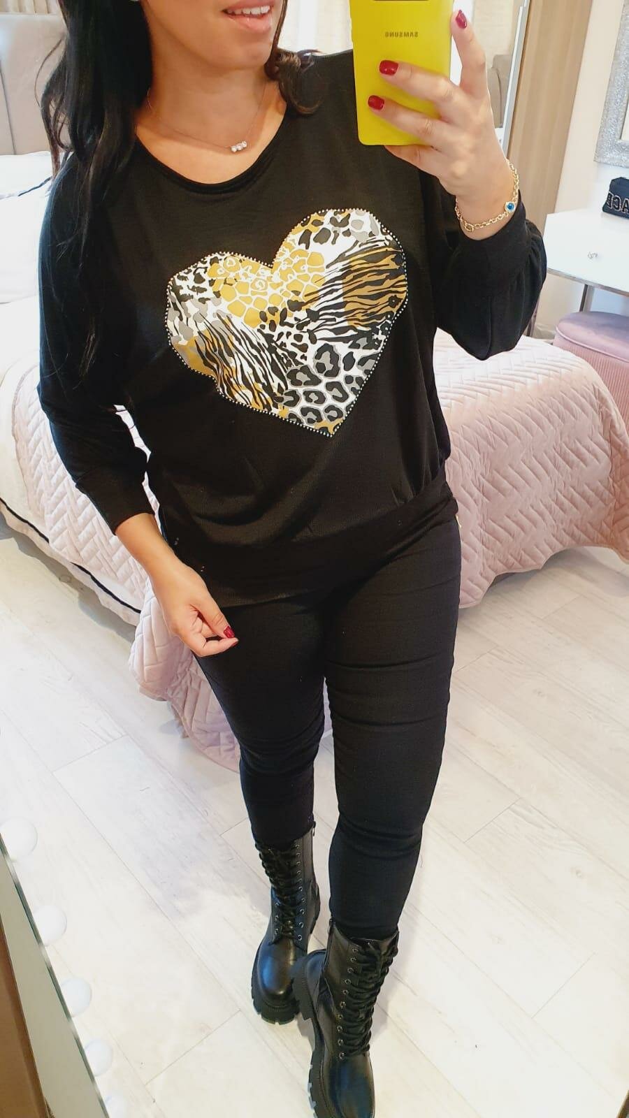 Sadona Animal Print Diamante Heart Detailed Black Top