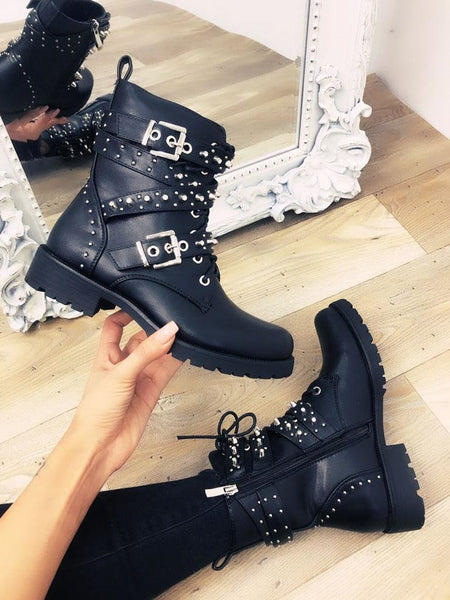 Sandie Black Faux Leather Studded Strap Biker Boots