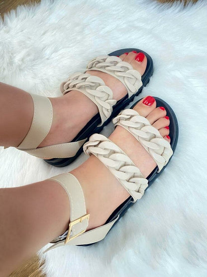 Santi Beige Double Strap Chain Detail Sliders