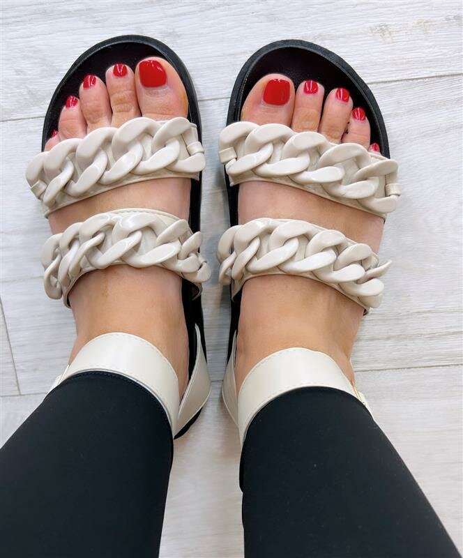Santi White Double Strap Chain Detail Sliders