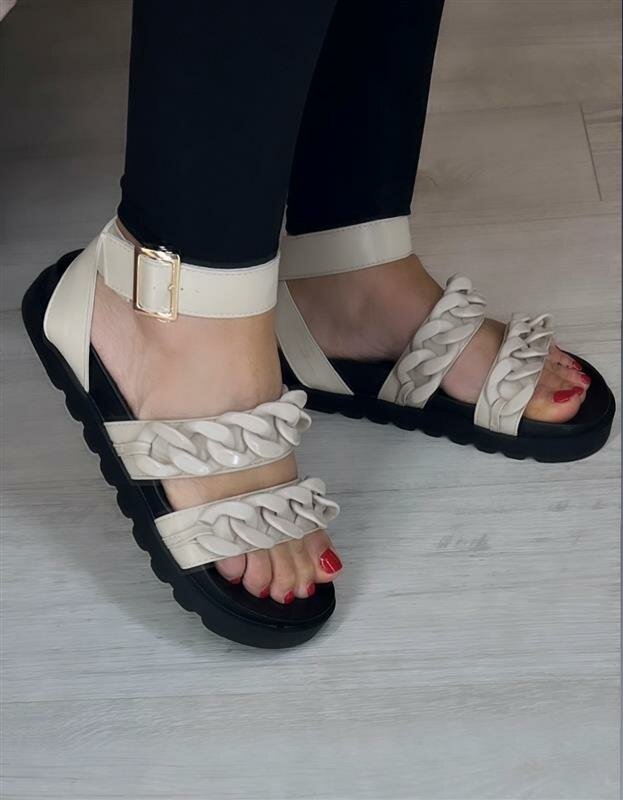 Santi White Double Strap Chain Detail Sliders