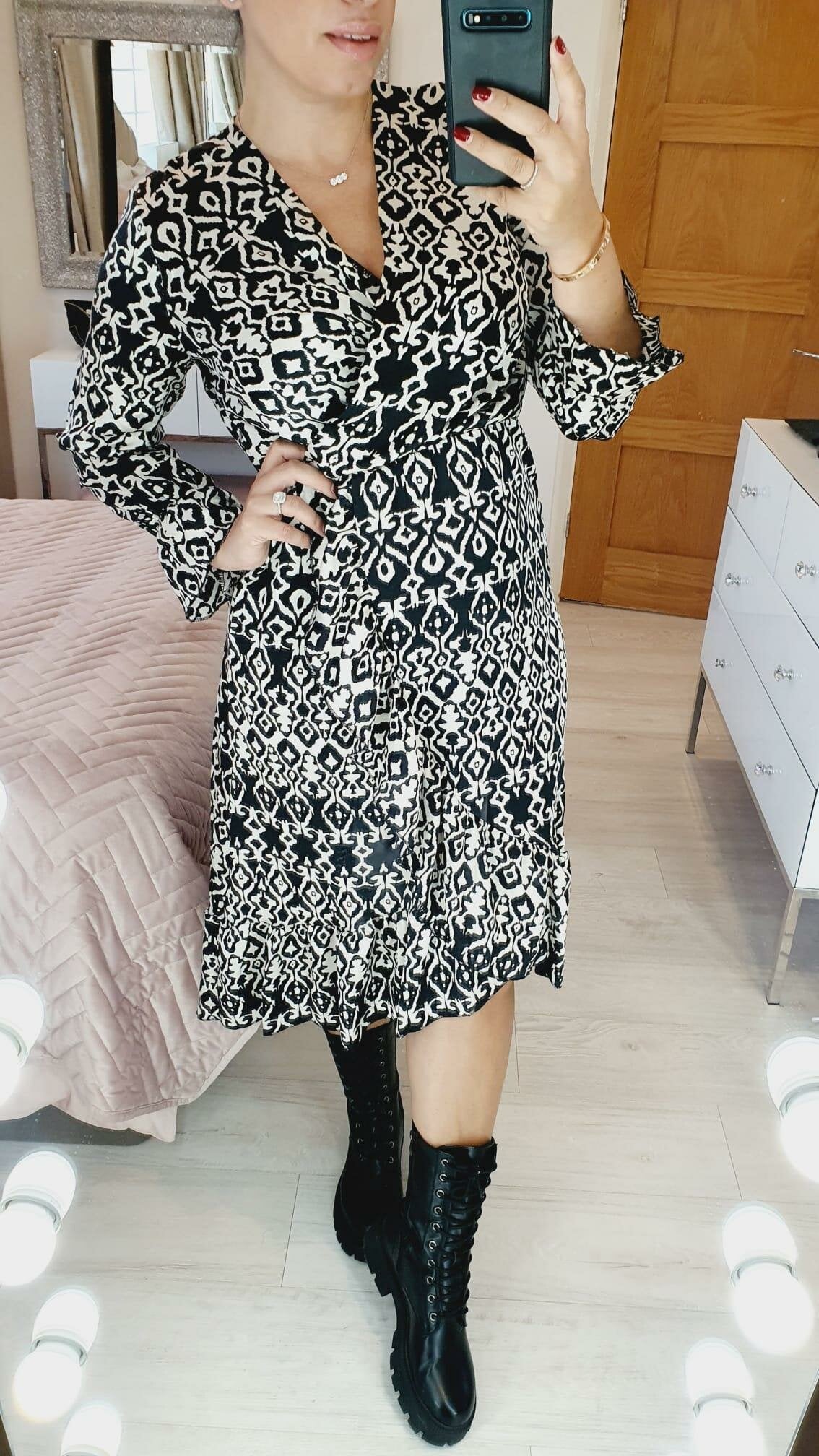 Sassy Monochrome Print Frill Detailed Wrap Dress