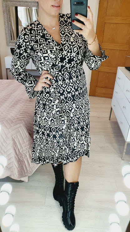 Sassy Monochrome Print Frill Detailed Wrap Dress