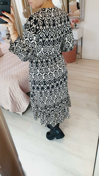 Sassy Monochrome Print Frill Detailed Wrap Dress
