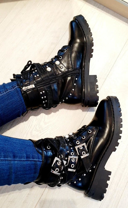 Floyd Black Studded Faux Leather Strappy Biker Boots
