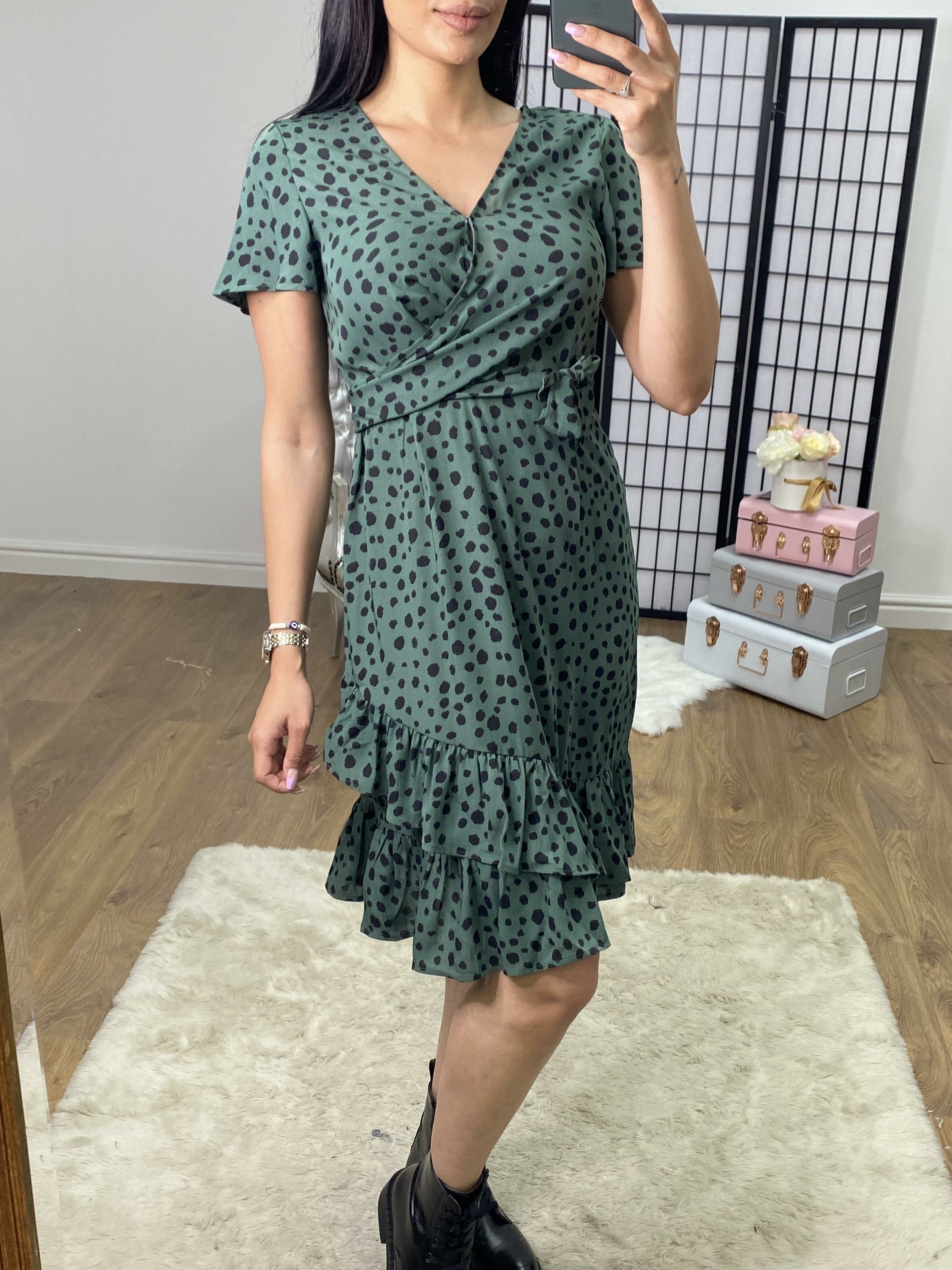 Sebrine Green Polka Dot Printed Ruffle Wrap Dress