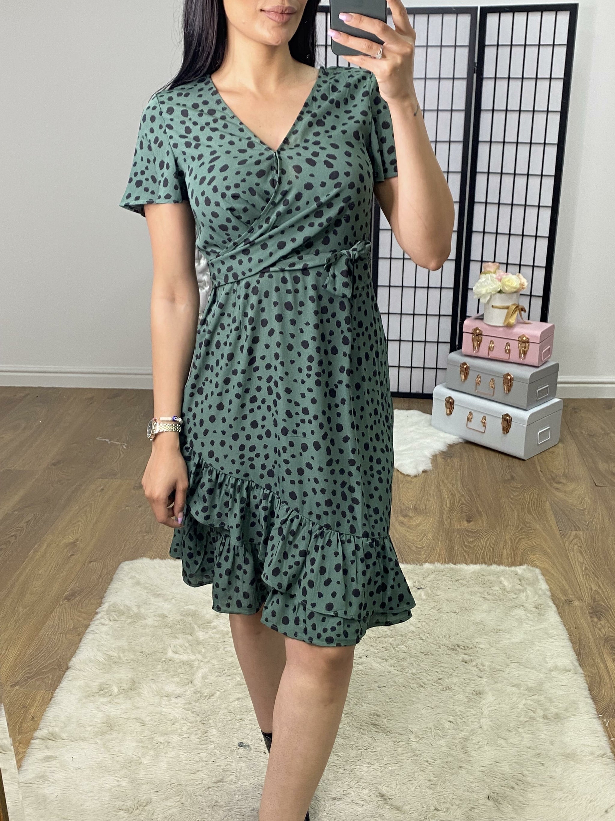 Green polka dot wrap dress online