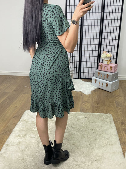 Sebrine Green Polka Dot Printed Ruffle Wrap Dress