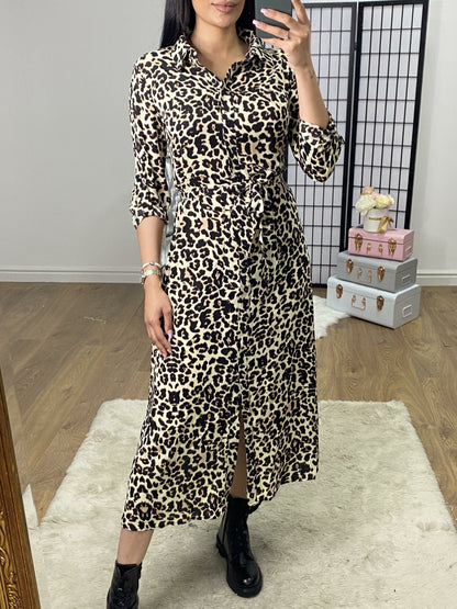 Seda Leopard Print Tie Waist Beige Shirt Dress