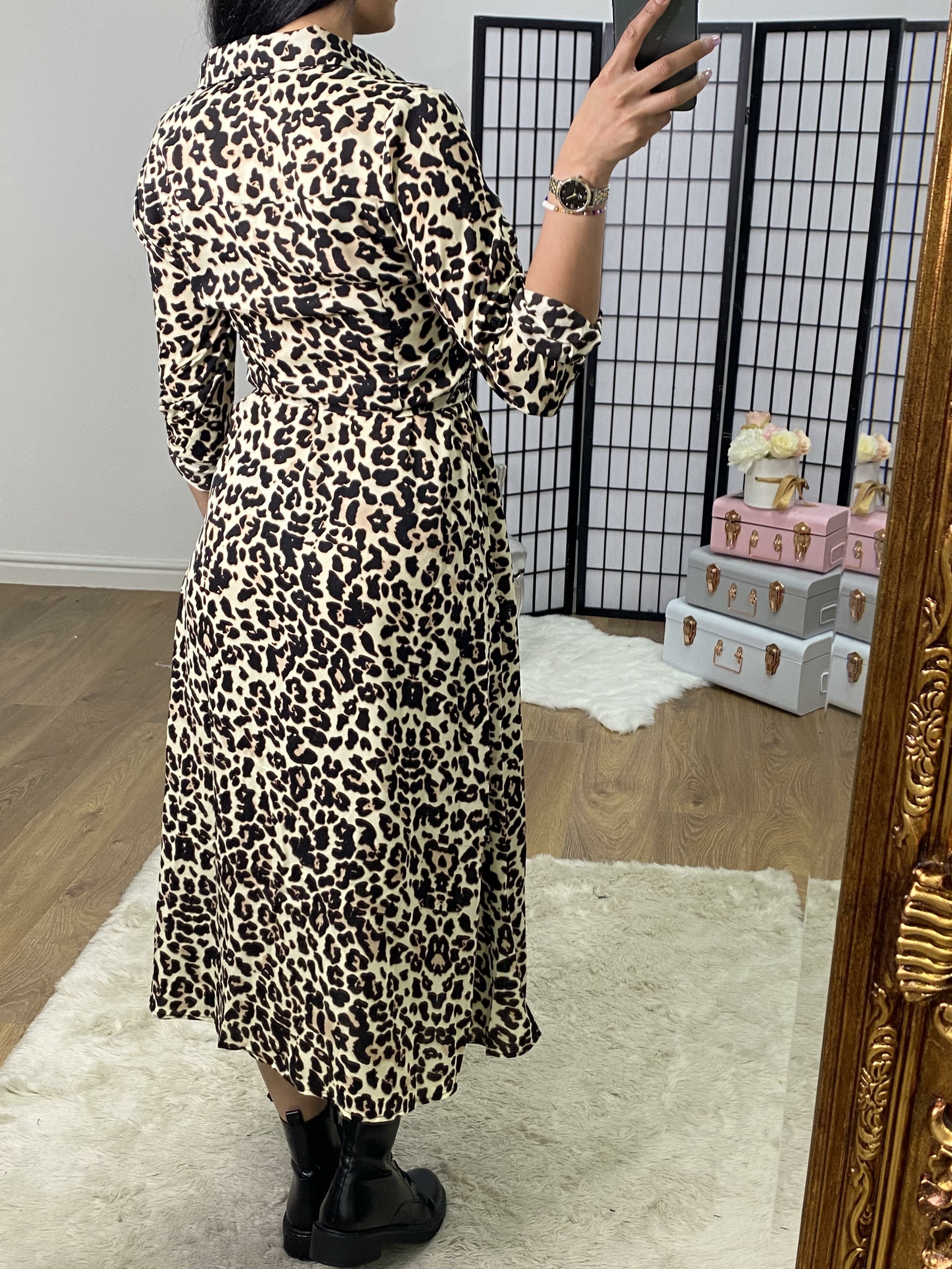 Seda Leopard Print Tie Waist Beige Shirt Dress