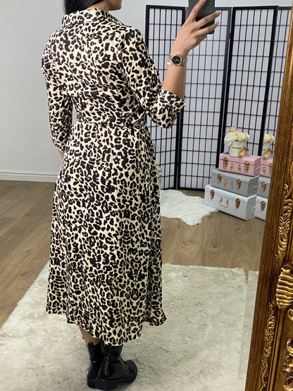 Seda Leopard Print Tie Waist Beige Shirt Dress