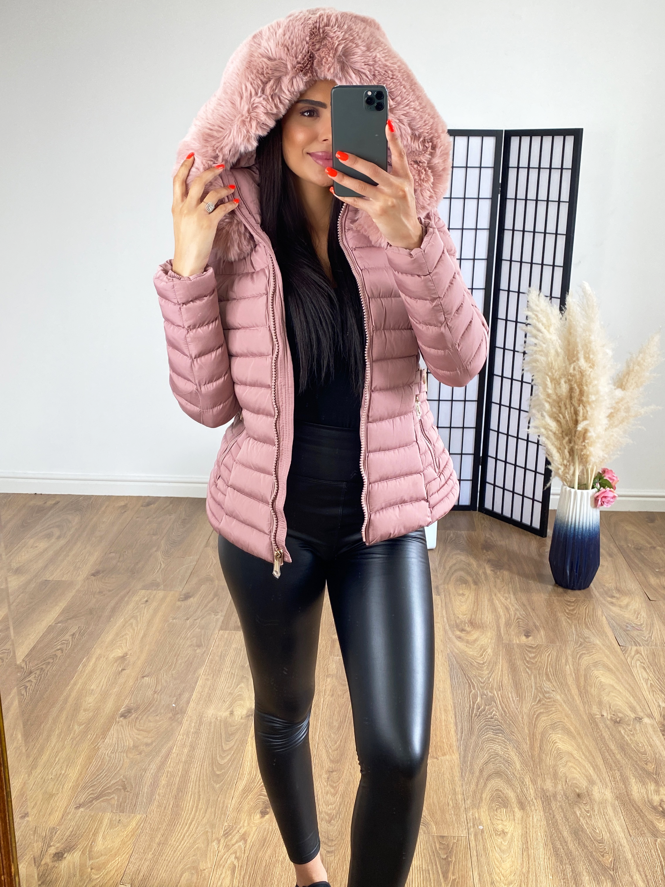 Pink puffer coat with fur hood outlet