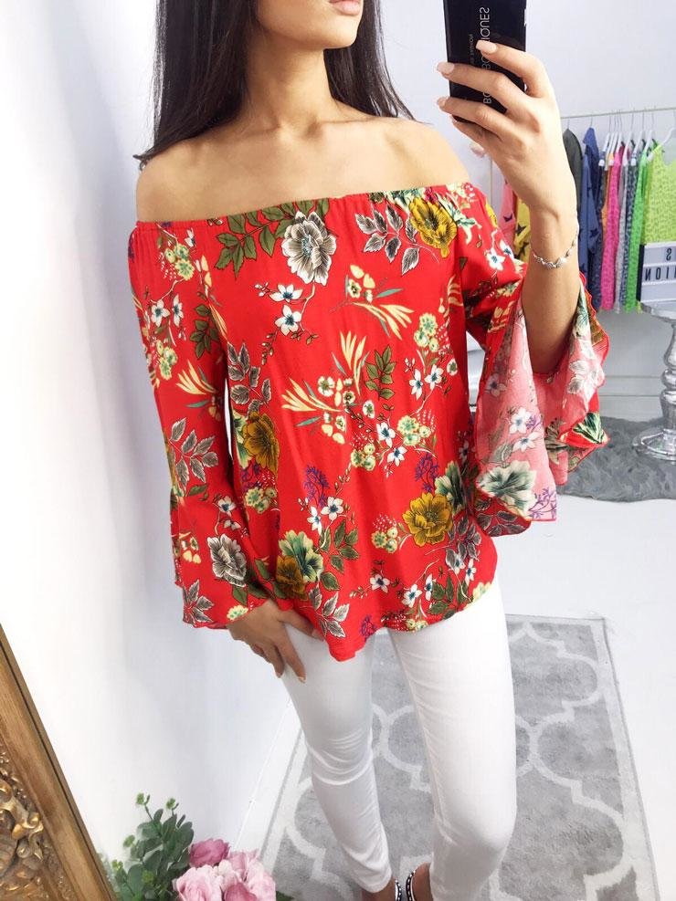 Shayna Bardot Floral Flared Sleeve Top