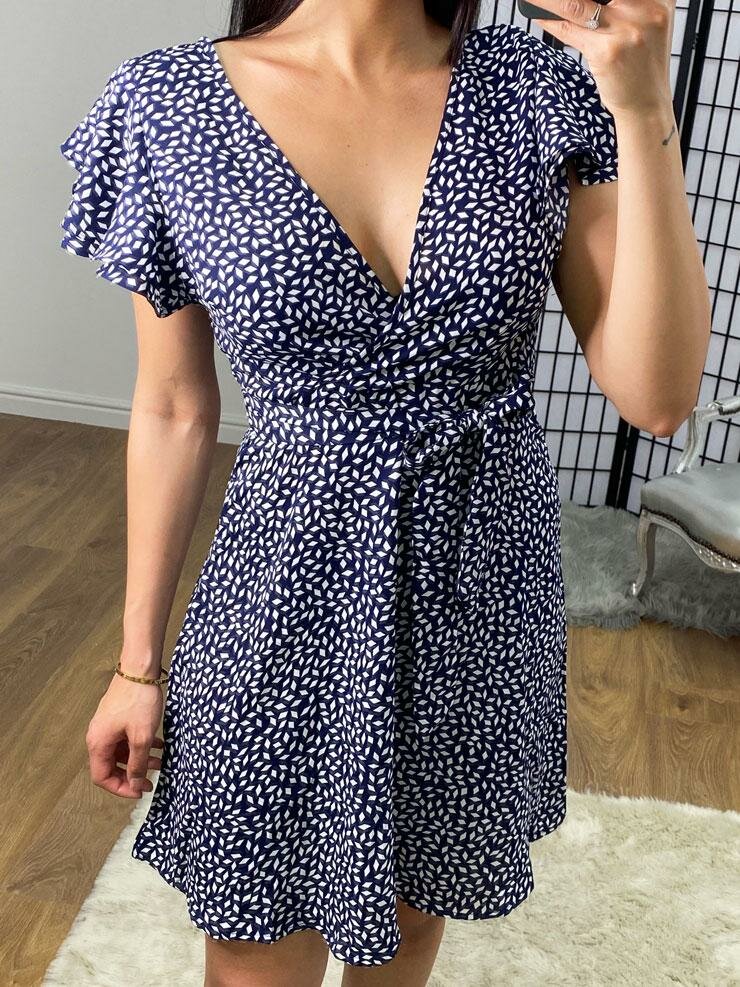 Sheba Navy Printed Wrap Tie Swing Dress