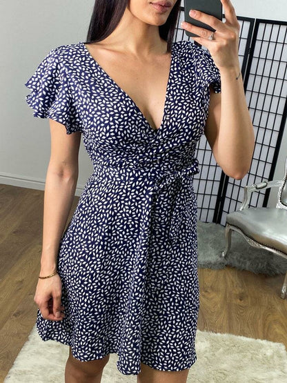 Sheba Navy Printed Wrap Tie Swing Dress