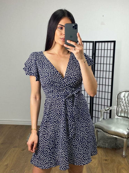 Sheba Navy Printed Wrap Tie Swing Dress