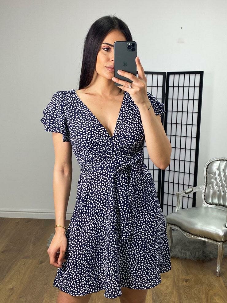 Sheba Navy Printed Wrap Tie Swing Dress