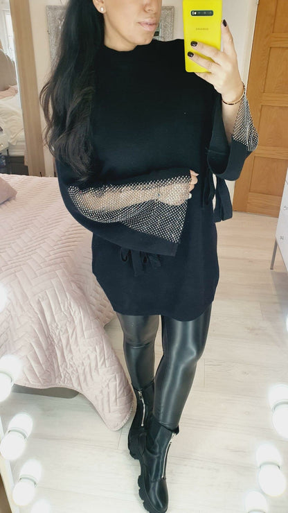 Shelby Oversized Studded Bell Sleeve Tie Waist Knit Jumper